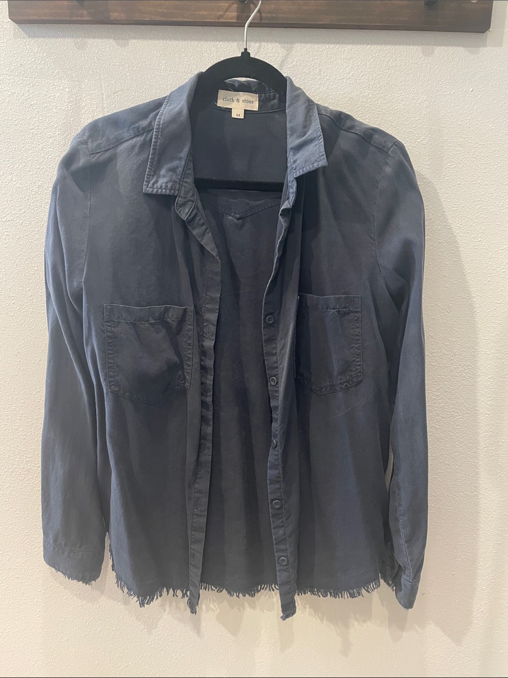 cloth & stone Navy Button-Front Shirt with Frayed Hem